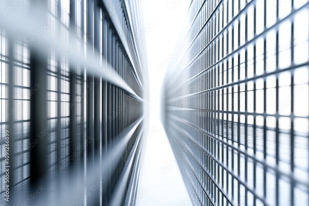 Poster a symmetrical view between two glass structures, creating a sense of depth and light.