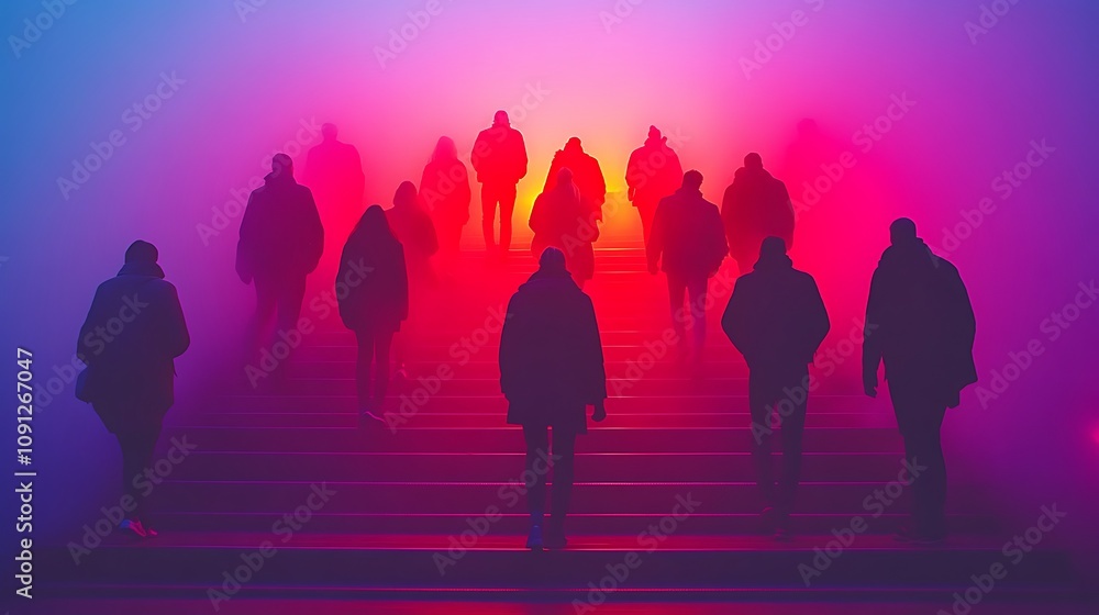 Poster enigmatic atmosphere of a subway entrance with ethereal glow and mysterious figures emerging from th