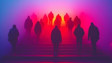 Fototapeta premium Enigmatic Atmosphere of a Subway Entrance with Ethereal Glow and Mysterious Figures Emerging from the Fog in Vibrant Color Palette