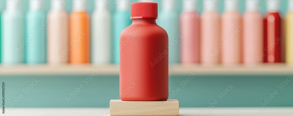Poster a vibrant red bottle stands prominently against a backdrop of colorful bottles in a minimalist displ