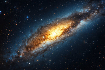 Fototapeta premium a galaxy immersed in the vastness of space. The central part of the galaxy shines with a bright golden light, surrounded by darker areas filled with many stars. 