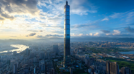 Obraz premium Skyscraper Towers Above Urban Landscape with Mountains in Background