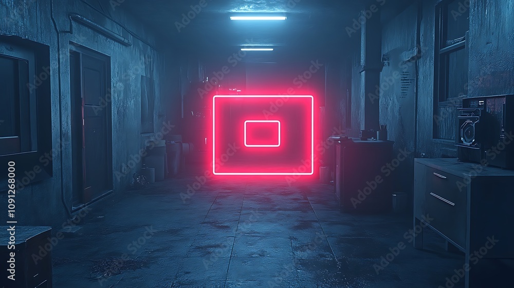 Poster expansive gallery space filled with abstract artwork and neon lights, creating a gloomy atmosphere o