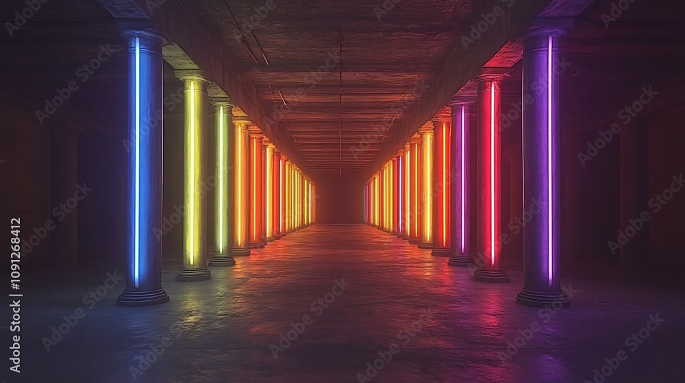 Poster immersive art installation featuring neon lights in a dark space with colorful pillars creating an e