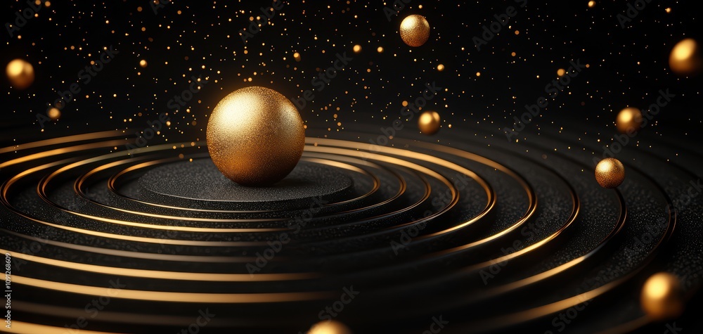 Poster an abstract scene with golden spheres floating above concentric circular ripples against a dark back