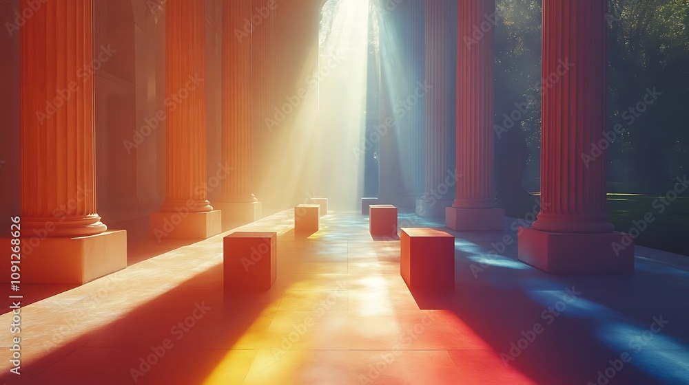Poster overhead view of a gallery floor with dramatic lighting and colorful reflections illuminating column