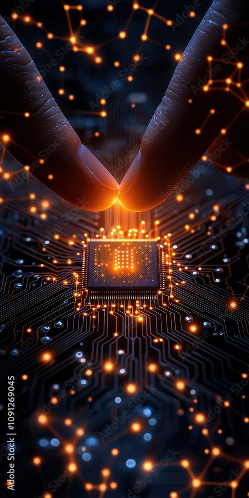 Poster close-up of a glowing microchip, highlighting intricate circuit designs and a touch of technology in