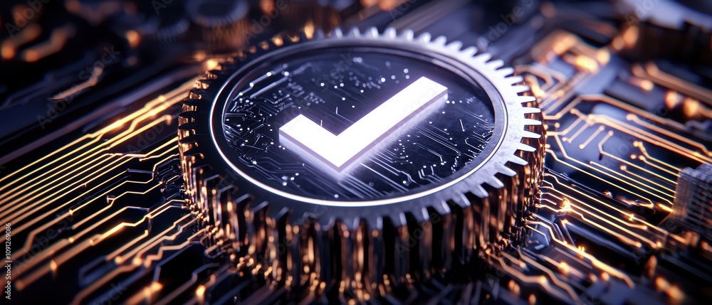 Poster close-up of a metallic gear with a glowing checkmark, symbolizing progress and technology in modern 