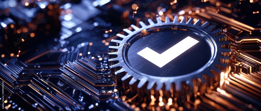 Poster close-up view of a digital checkmark on a circuit board, symbolizing approval and technology advance