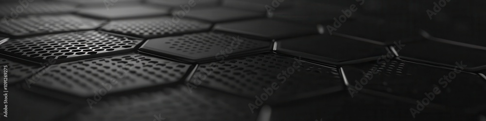 Aufkleber close-up of an intricate black hexagonal pattern with varying textures and perforations, creating a 