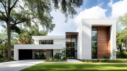 Fototapeta premium Suburban modern home with stylish facade and sunny green yard