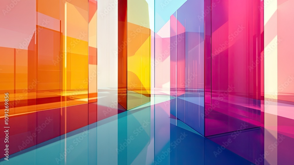 Poster bold glass shapes in rainbow colors, intersecting dynamically in a 3d minimalist scene.