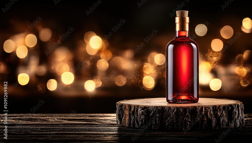 Poster elegant bottle of amber liquid on a wooden surface with soft bokeh lights, creating a warm and invit