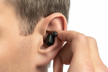 Man inserting black earbud into ear.