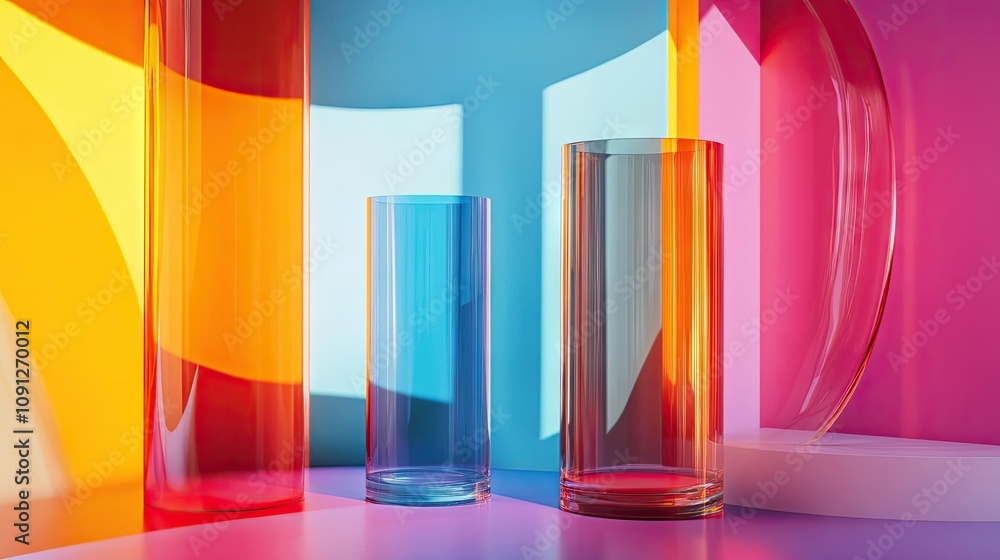 Poster bold glass shapes in rainbow colors, intersecting dynamically in a 3d minimalist scene.