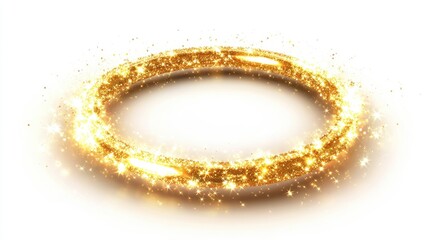 Obraz premium Golden glittering circle of light with shimmering particles and festive sparkle on a white background creating a vibrant ring effect.