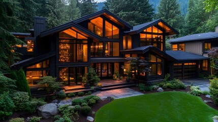 Obraz premium Luxury glass-walled home with a trimmed lawn in a serene setting