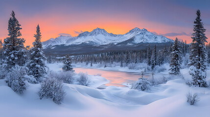 Obraz premium A Majestic Rugged Mountain Terrain Covered in Fresh Snow Under a Brilliant Twilight Sky, Promising Adventure in Untouched Wilderness