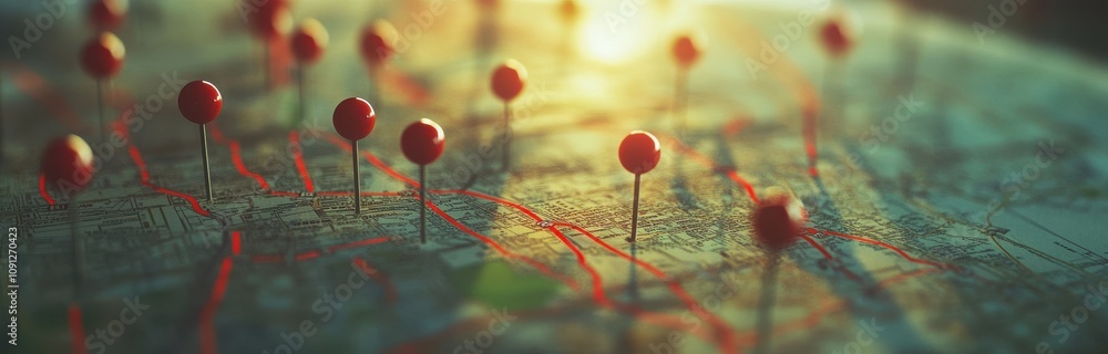 Aufkleber detailed close-up of a map with red push pins, highlighting locations and pathways in a softly lit e