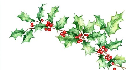 Fototapeta premium Blank Christmas card on a white background with holly illustrations, inviting seasonal greetings.