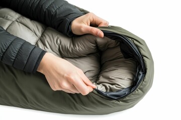 Hands opening olive green sleeping bag zipper.