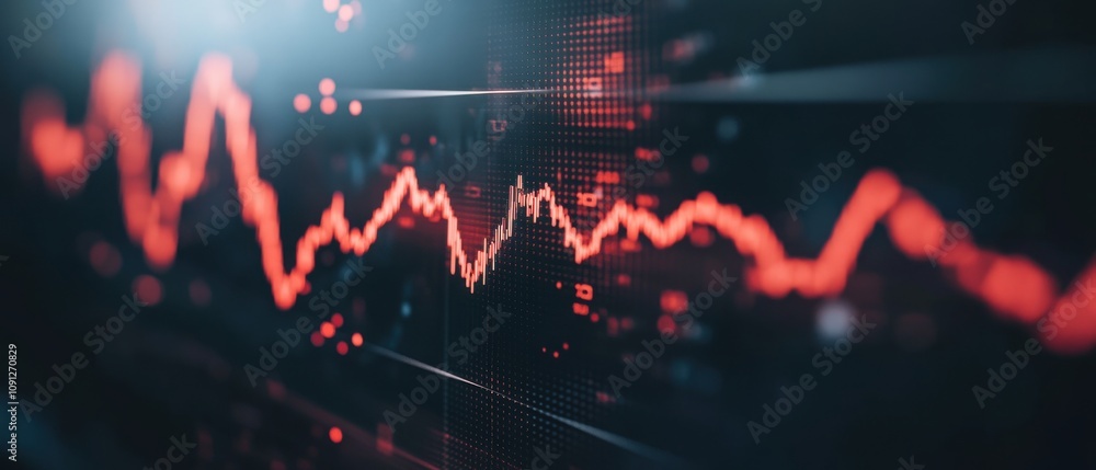 Poster dramatic close-up of red financial graphs representing market decline with abstract data patterns in