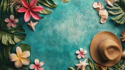 Flat lay of vibrant beach accessories including a straw hat, shells, and tropical flowers on a teal background, capturing the essence of summer vacations and travel.