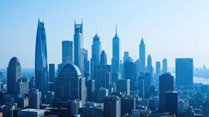 Modern cityscape from high vantage point in monochromatic blue