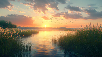Obraz premium An Expansive Wetland Filled with Life, Showcasing Delicate Reeds and Echoing Birds Beneath the Hues of a Vibrant Sunset