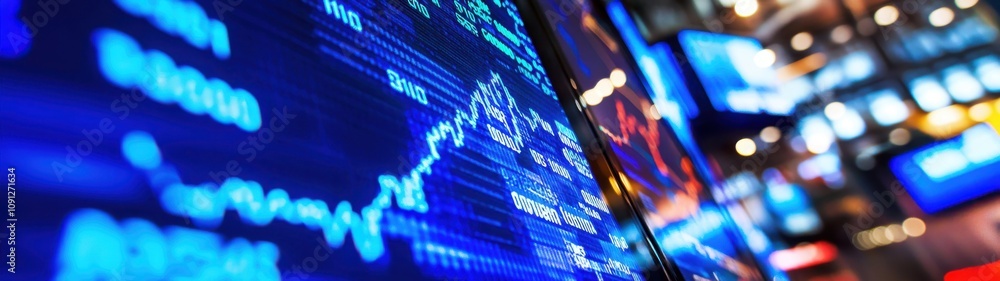 Poster dynamic financial data display with colorful graphs and charts depicting stock market trends, analys