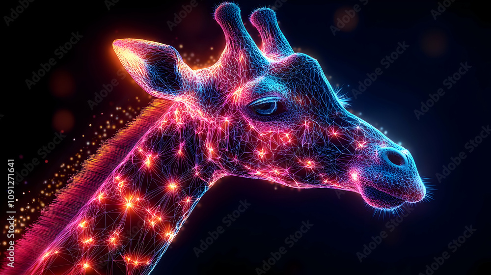 Poster abstract giraffe head with glowing lines and triangles on dark background