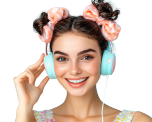 a woman wearing headphones with bows on her head