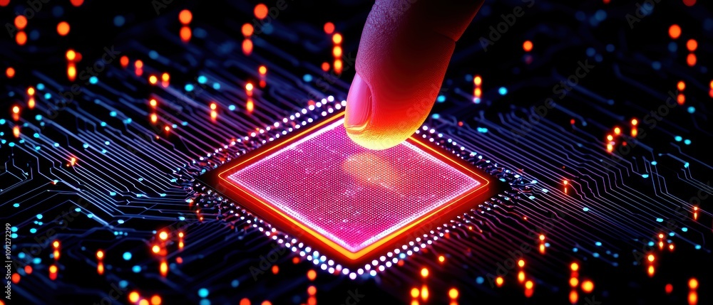 Poster futuristic close-up of a hand pressing a glowing microchip on a circuit board, symbolizing innovatio