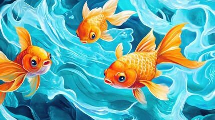 Fototapeta premium A vivid school of bright orange goldfish gracefully swimming in shimmering, crystal clear blue water, showcasing their lively movements amidst gentle aquatic waves.