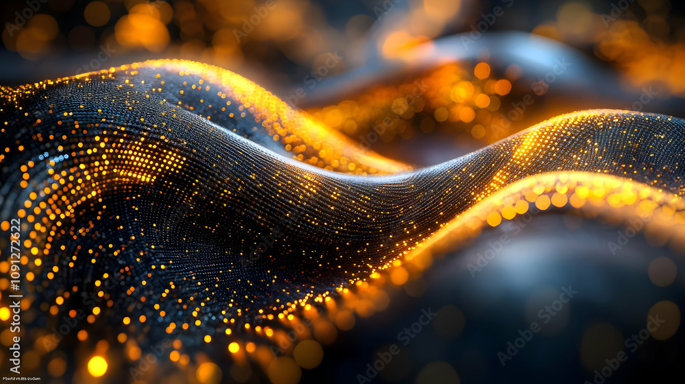 Poster abstract glowing particles flowing wavy surface with bokeh lights background