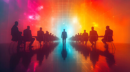 Fototapeta premium Silhouetted Business People Seated at a Long Table Facing a Single Figure in the Distance