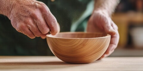 A person is stirring a wooden bowl with their hands, showcasing craftsmanship and the warmth of natural materials in a kitchen setting.