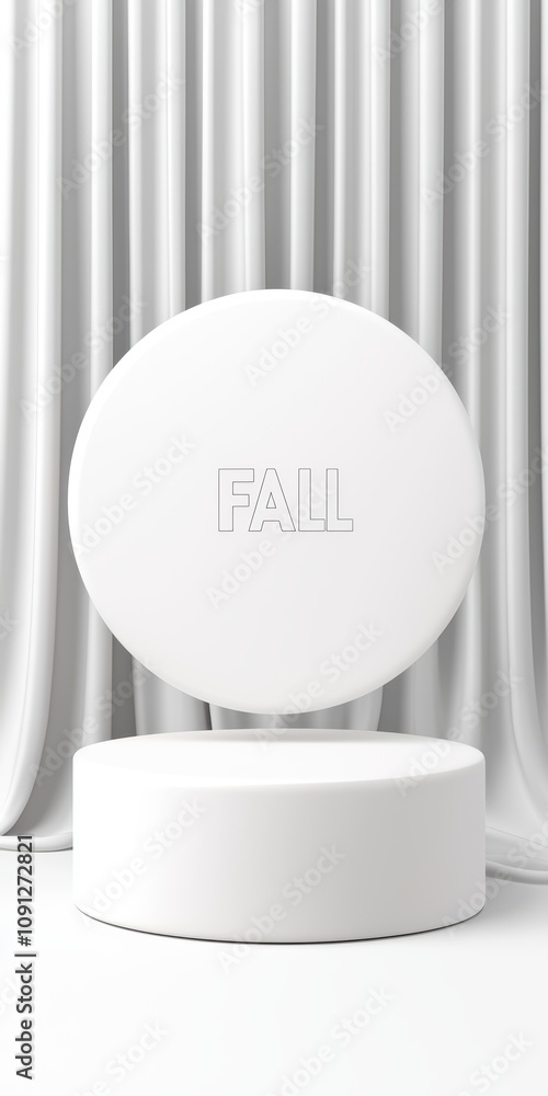 Poster minimalist display featuring a white circular object with the word 'fall' against a backdrop of whit