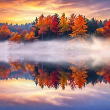 icture an autumnal scene with floating islands, each bearing trees with holographic leaves that change colors from deep reds to bright oranges and yellows as you watch. Below the islands, a gentle mis