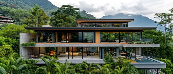 Obraz premium Modern architectural home nestled in lush greenery with large glass windows.