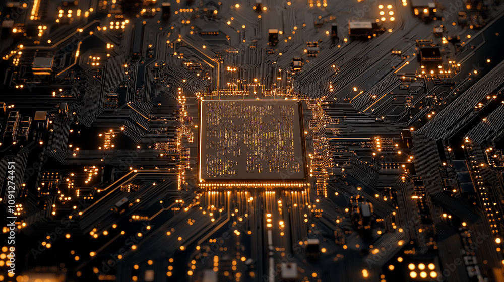 Poster the heart of innovation: a close-up of a glowing cpu chip, surrounded by intricate circuitry, repres