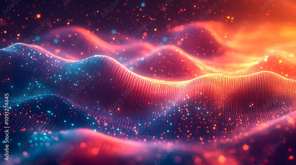 Poster abstract background with wavy surface and glowing particles