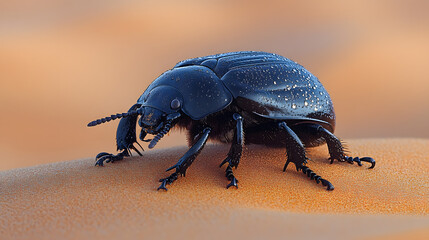 An Incredible Namib Desert Beetle Captured in a Close-Up, Showcasing Its Moisture-Collecting Adaptation on a Sand Dune