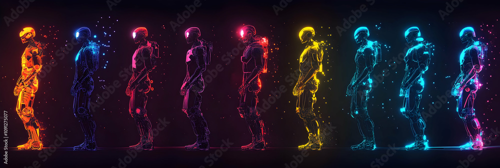 Poster a line of futuristic robots stand in a spectrum of colors