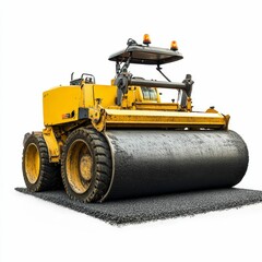 Obraz premium Yellow road roller compacts fresh asphalt.