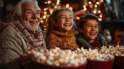 Fototapeta premium A multi-generational family enjoying a Christmas movie night.