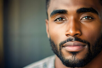 Obraz premium Confident young African American man with a calm expression. Close-up portrait, natural light, sharp focus, stylish aesthetic, professional branding