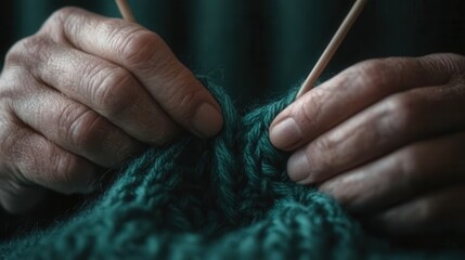 A close-up of hands knitting a textured green fabric with wooden needles, showcasing the art of crafting textiles.