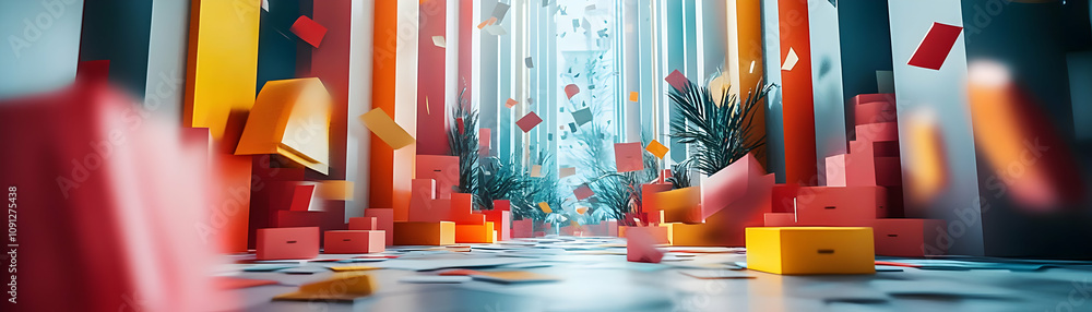 Poster abstract 3d illustration of a room with colorful columns and geometric shapes.