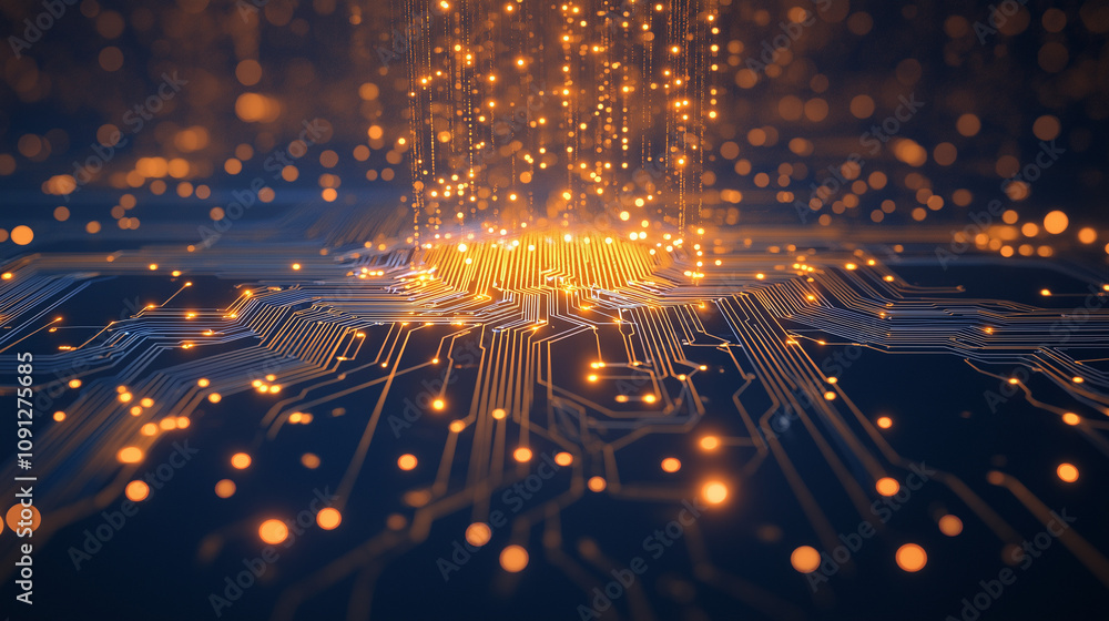 Poster digital network: a mesmerizing abstract image of a circuit board with glowing lights, evoking a sens
